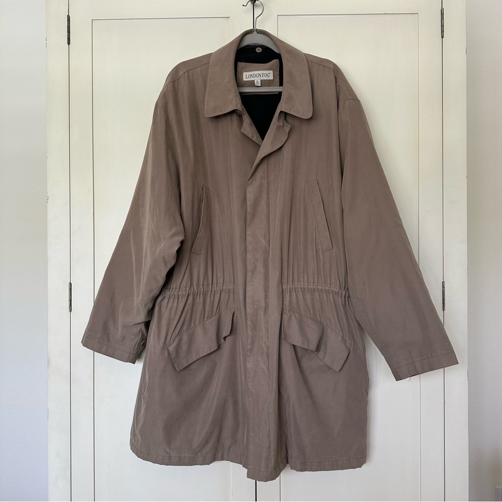 London Fog Coat Mens Taupe Hooded Removable Button Liner Flap Pockets Size XL